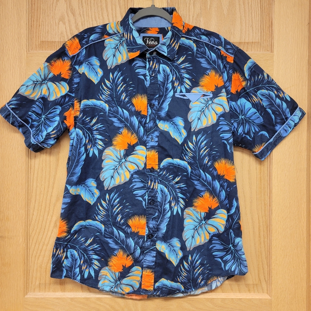 Veno Blue Orange Hawaiian Shirt Mens Size XL Resortwear Beachy Vacation Tropical